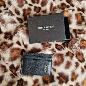 Saint Laurent Black Pebbled Leather Card & Key Holder with Gold YSL Accent